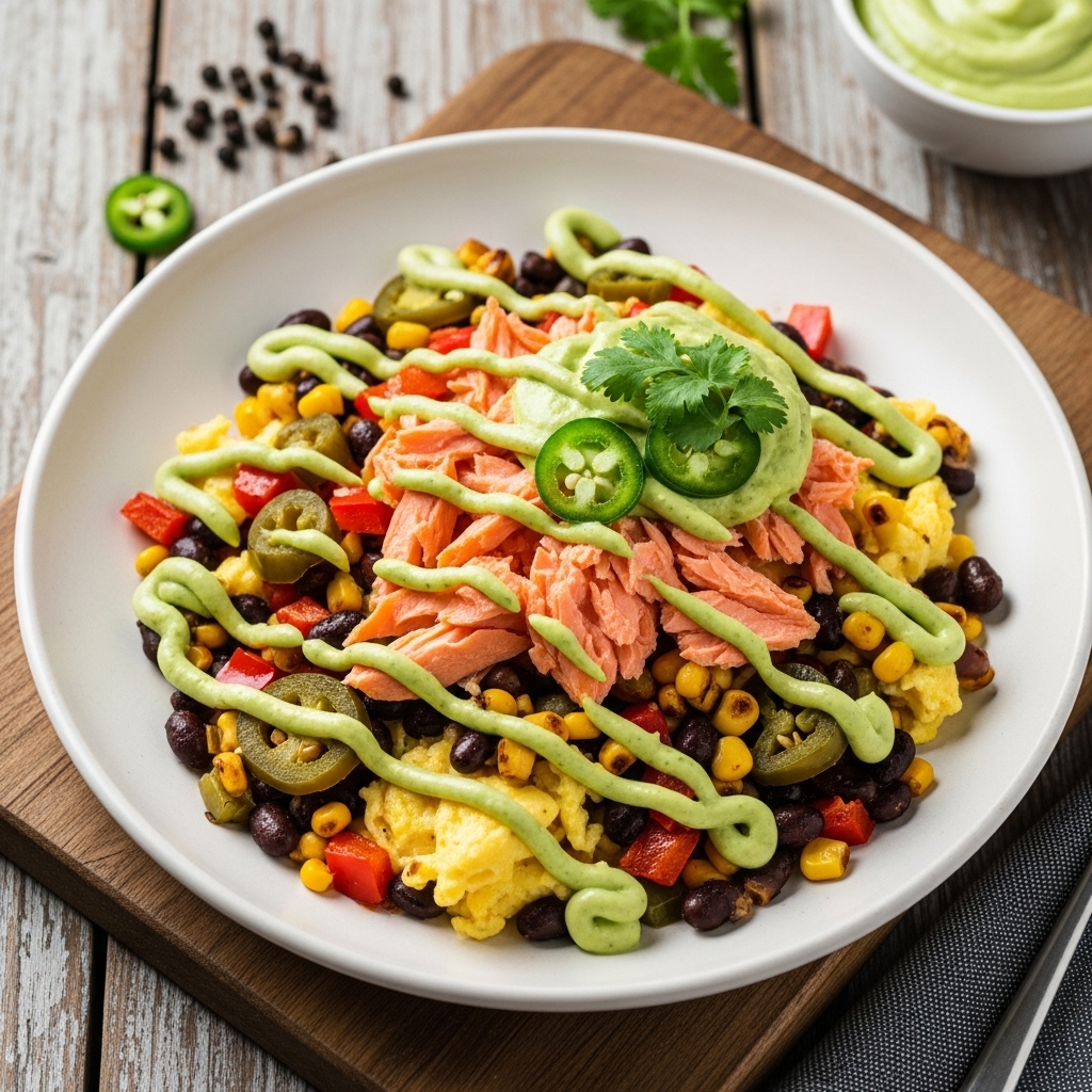 “Savor the Southwest: Tex-Mex Breakfast Skillet with Smoked Salmon & Spicy Avocado Crema”