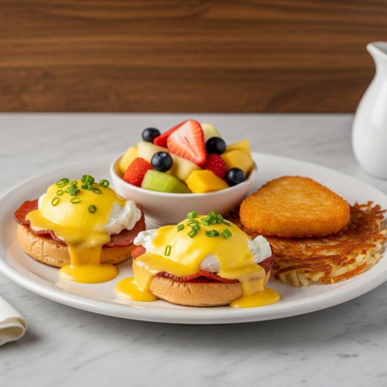“Savor the Sunshine: Gluten-Free American Breakfast with Eggs Benedict, Crispy Hash Browns & Fresh Fruit Salad”