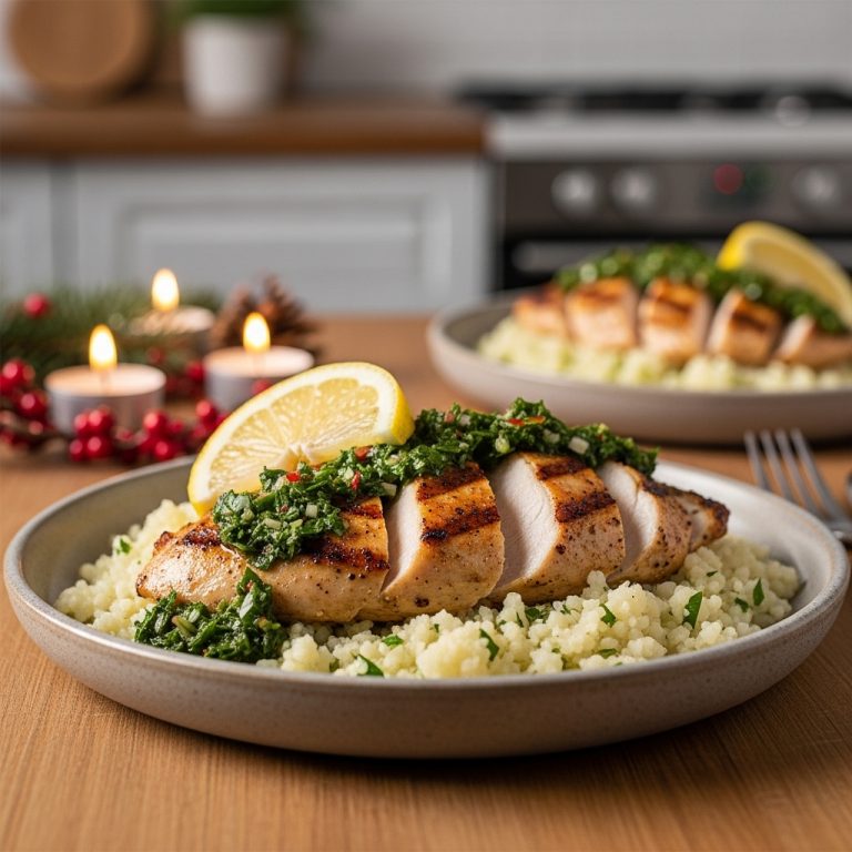 “Savor the Taste of Argentina: Keto-Friendly Grilled Lemon Herb Chicken with Chimichurri Sauce and Cauliflower Rice”