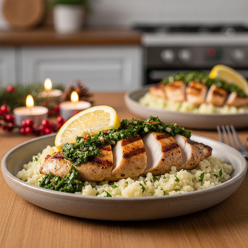 “Savor the Taste of Argentina: Keto-Friendly Grilled Lemon Herb Chicken with Chimichurri Sauce and Cauliflower Rice”