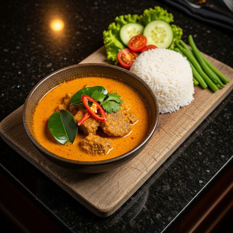 “Savory Cambodian Gluten-Free Beef Amok with Steamed Rice and Fresh Vegetables”