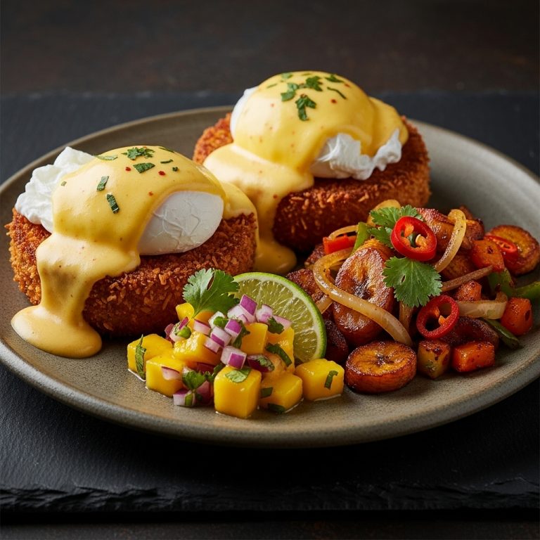 Savory Caribbean Brunch: Coconut-Crusted Eggs Benedict with Spicy Plantain Hash & Mango Salsa