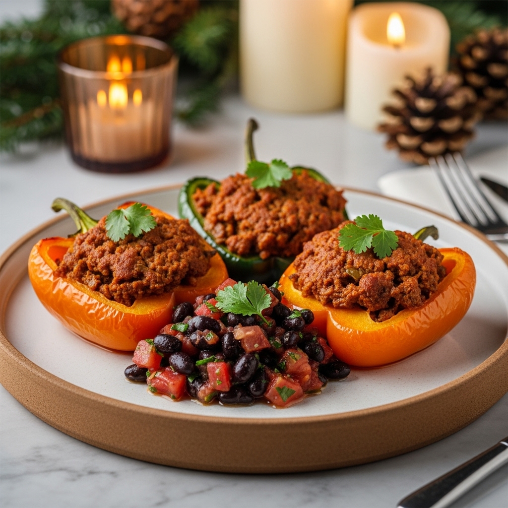 Savory Mexican Brunch Vegetarian Fiesta: Chorizo-Stuffed Bell Peppers with Black Bean Salsa