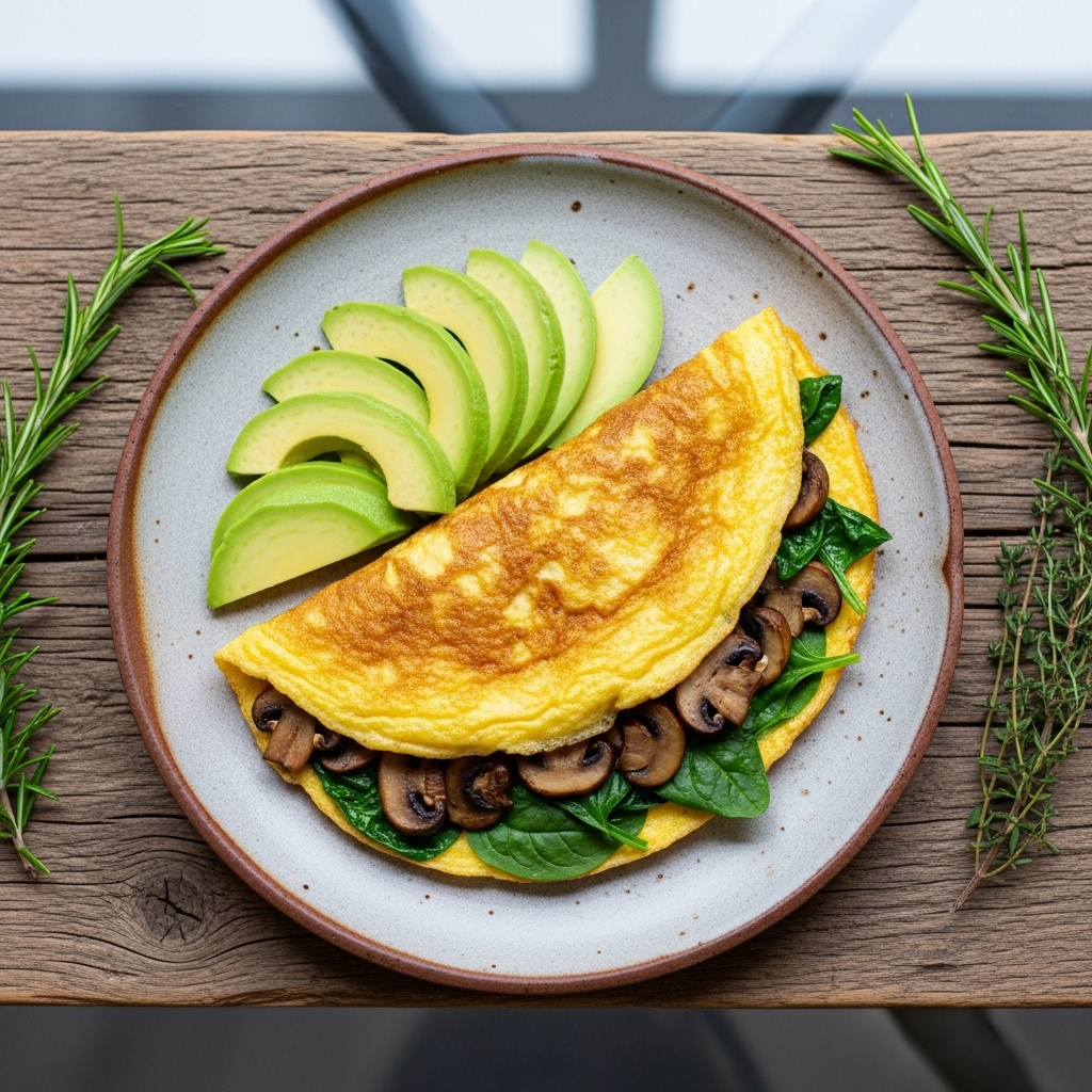 Savory Mushroom & Spinach Omelette with Avocado Slices – Paleo-Friendly Brunch