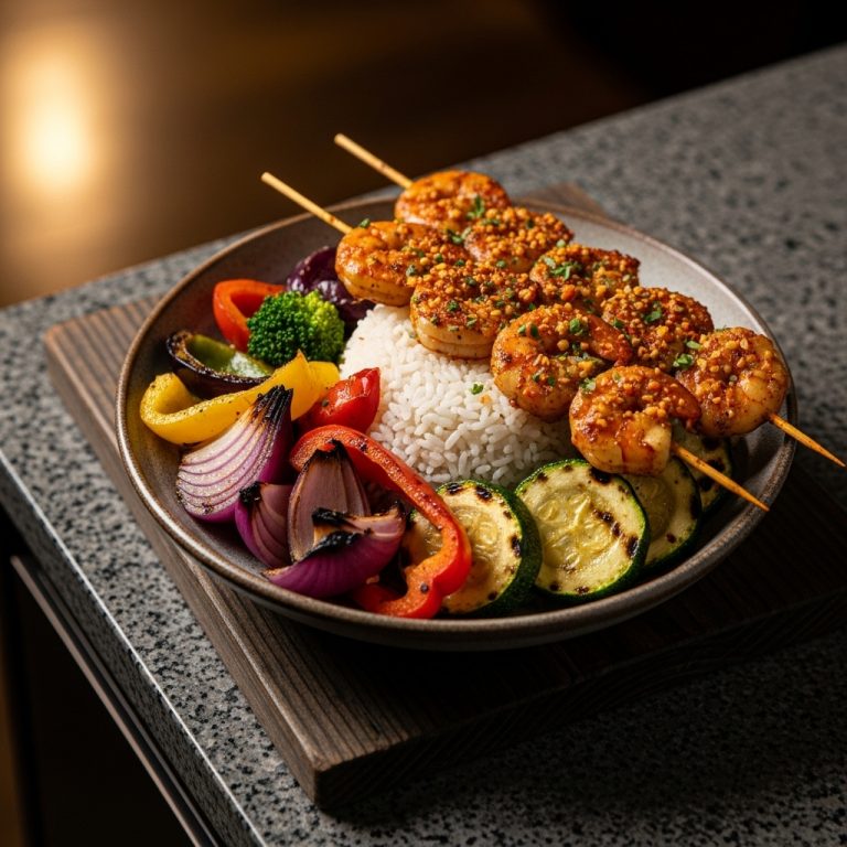 “Savory Nigerian Gluten-Free Coconut Rice Bowl with Grilled Vegetables and Suya Spiced Shrimp”