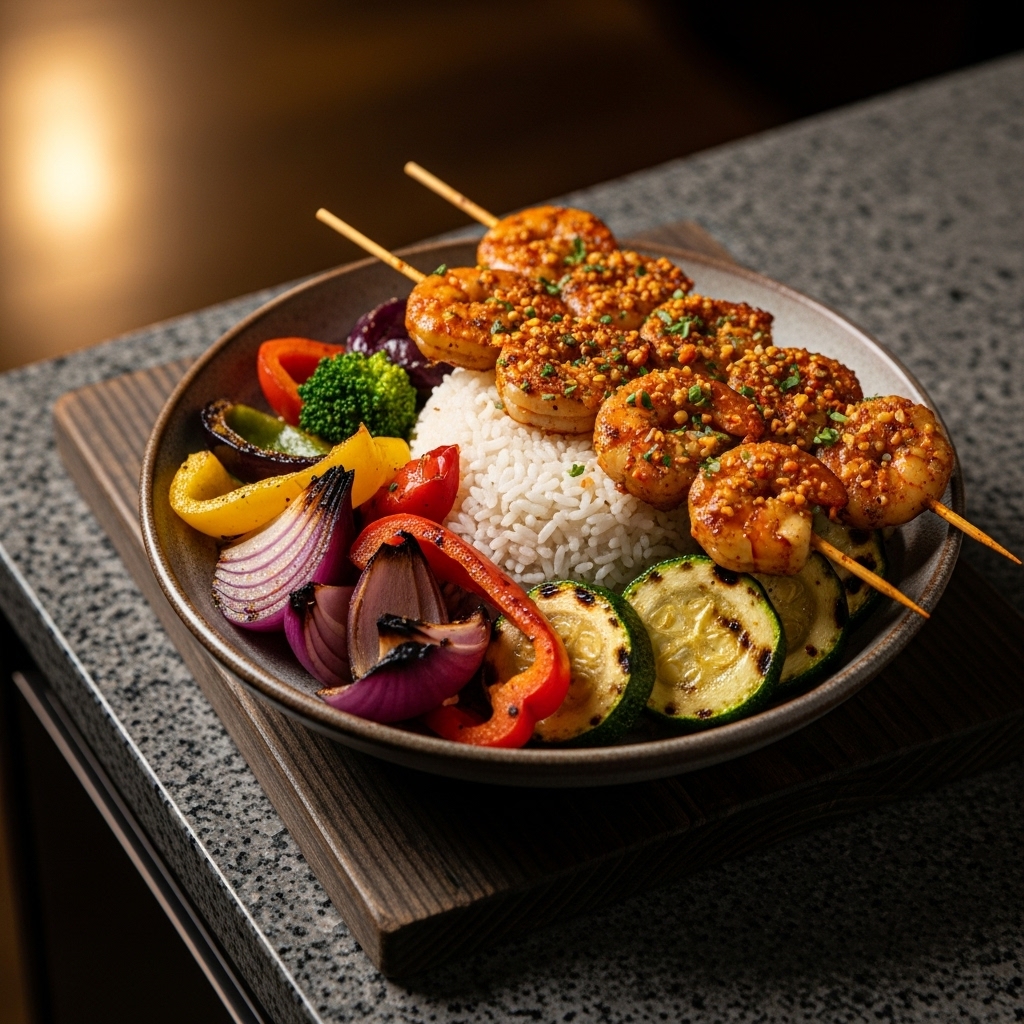 “Savory Nigerian Gluten-Free Coconut Rice Bowl with Grilled Vegetables and Suya Spiced Shrimp”