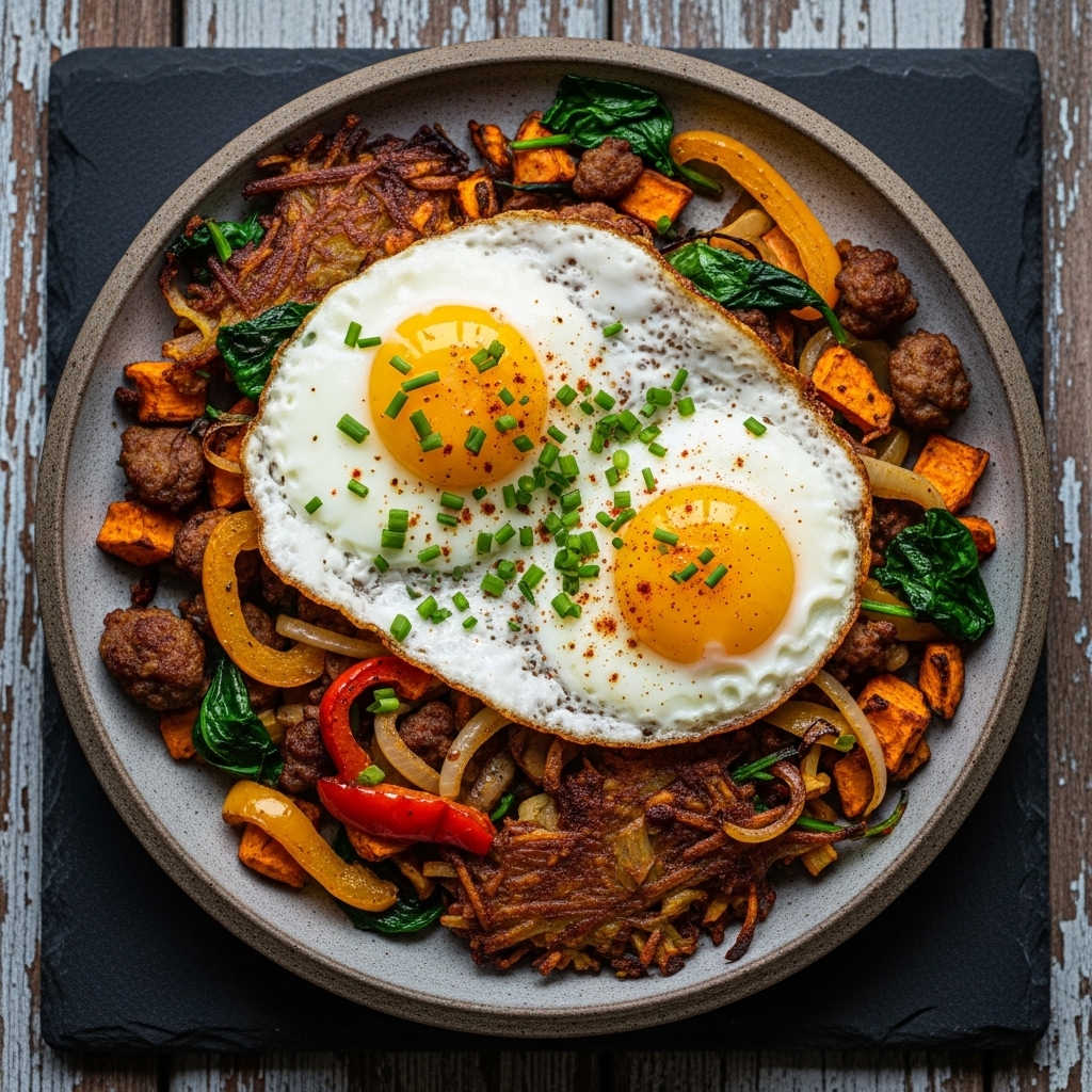“Savory Paleo Southern Breakfast Skillet with Fried Eggs & Crispy Hash Browns”