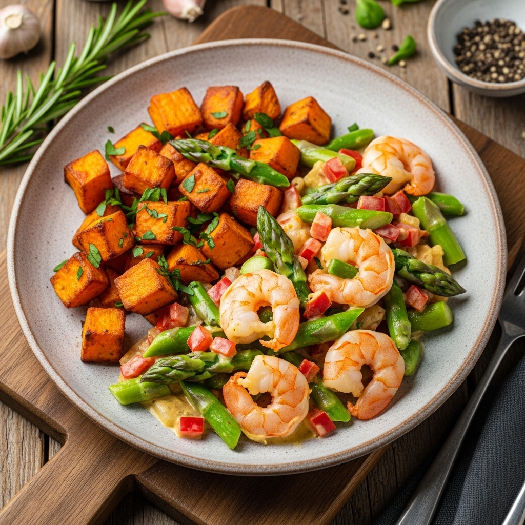 Savory Paleo Southern Brunch: Creamy Shrimp and Asparagus Hash with Roasted Sweet Potatoes