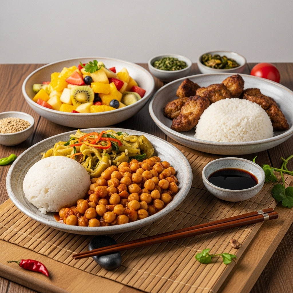 Savory Vegan Ghanaian Brunch Feast: Plant-Based Fufu & Chickpea Stew with Tropical Fruit Salad & Coconut Rice