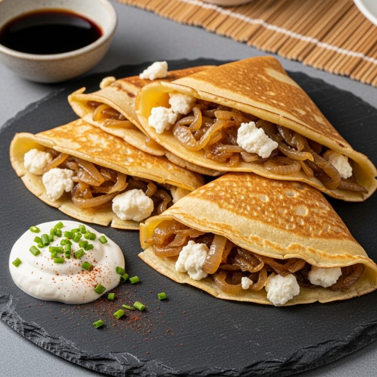 “Savory Vegetarian Crepes with Caramelized Onions and Goat Cheese”