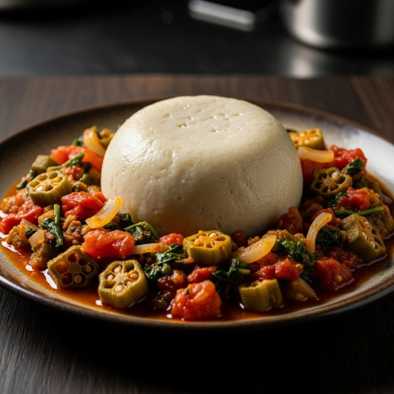 “Savory Vegetarian Fufu and Okra Stew – A Delightful Ghanaian Dinner Experience”