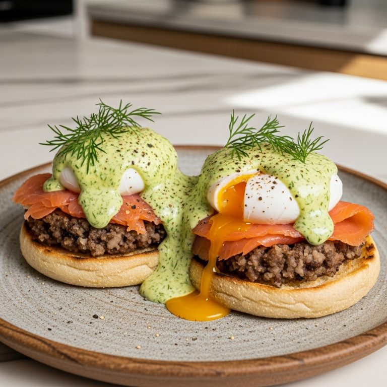 Scottish Brunch Delight: Wholesome Haggis Benedict with Smoked Salmon & Aromatic Herb Sauce