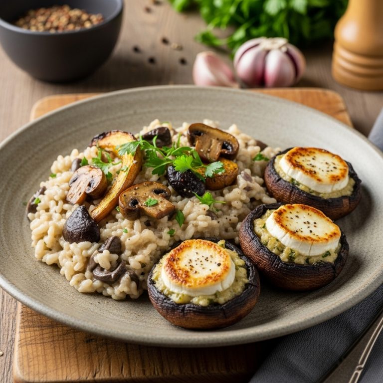 Scottish Lunch: Creamy Wild Mushroom Risotto with Herbed Balsamic Roasted Vegetables and Goat Cheese Stuffed Portobello Caps