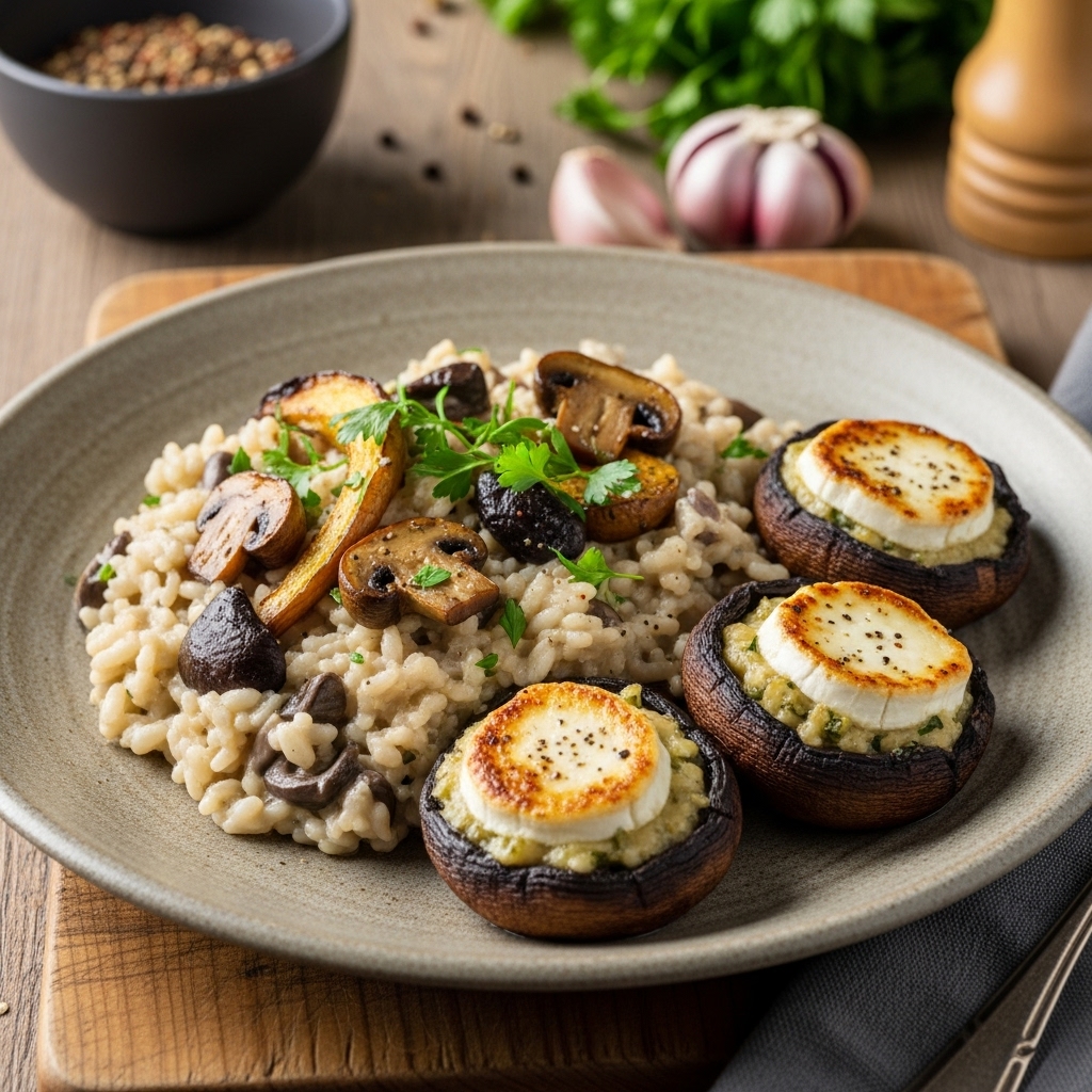 Scottish Lunch: Creamy Wild Mushroom Risotto with Herbed Balsamic Roasted Vegetables and Goat Cheese Stuffed Portobello Caps