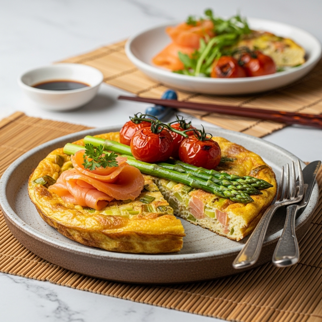 Scottish Paleo Brunch: Smoked Salmon and Leek Frittata with Roasted Tomatoes & Asparagus