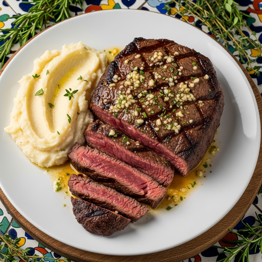 Scrumptious Brazilian Churrasco Steak with Garlic Butter Sauce and Creamy Mashed Cassava