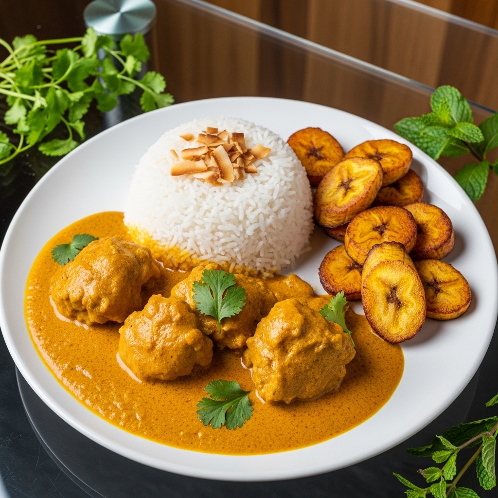 Scrumptious Chicken Korma with Coconut Rice and Plantain