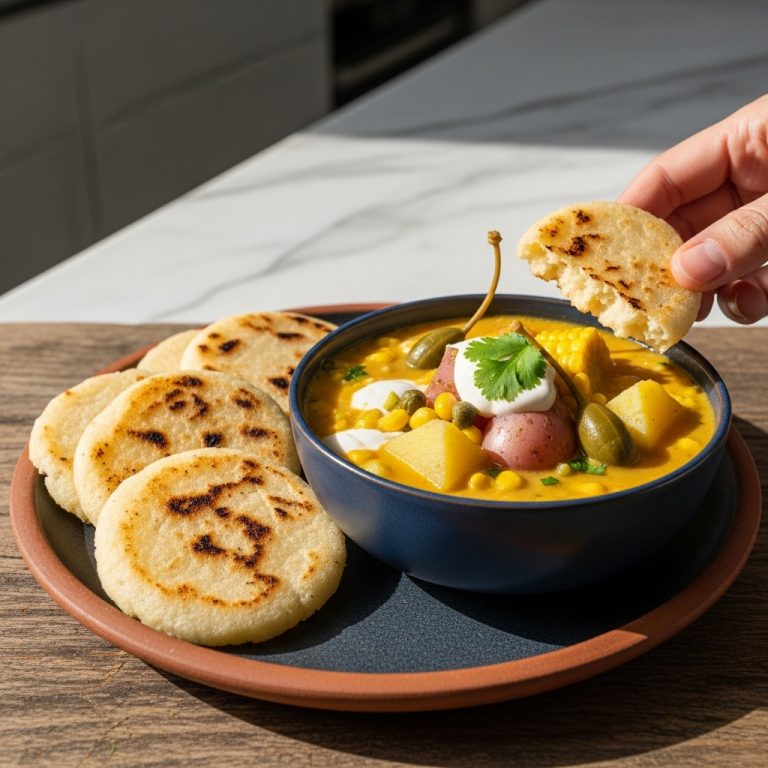 Scrumptious Colombian Vegetarian Lunch: Mouthwatering Ajiaco Bogotano and Crispy Arepas Recipe