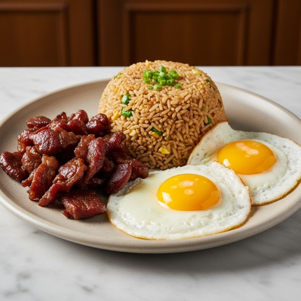 Scrumptious Filipino Breakfast Platter: Tocino, Garlic Fried Rice, and Eggs Sunny Side Up (Gluten-Free)
