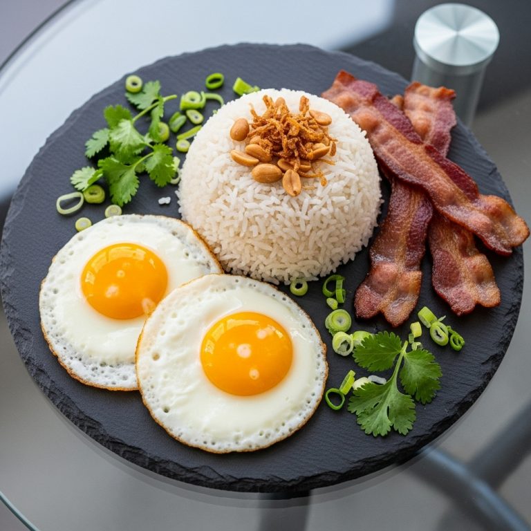 “Scrumptious Gluten-Free Malaysian Breakfast: Coconut Rice with Eggs & Crispy Bacon”