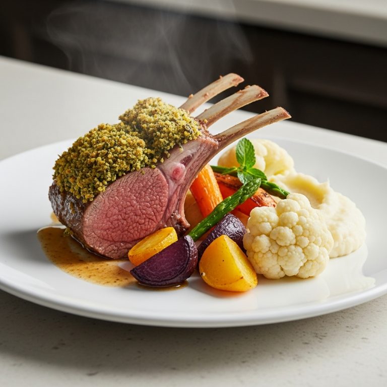 Scrumptious Herb-Crusted Rack of Lamb with Roasted Root Vegetables and Creamy Mashed Cauliflower