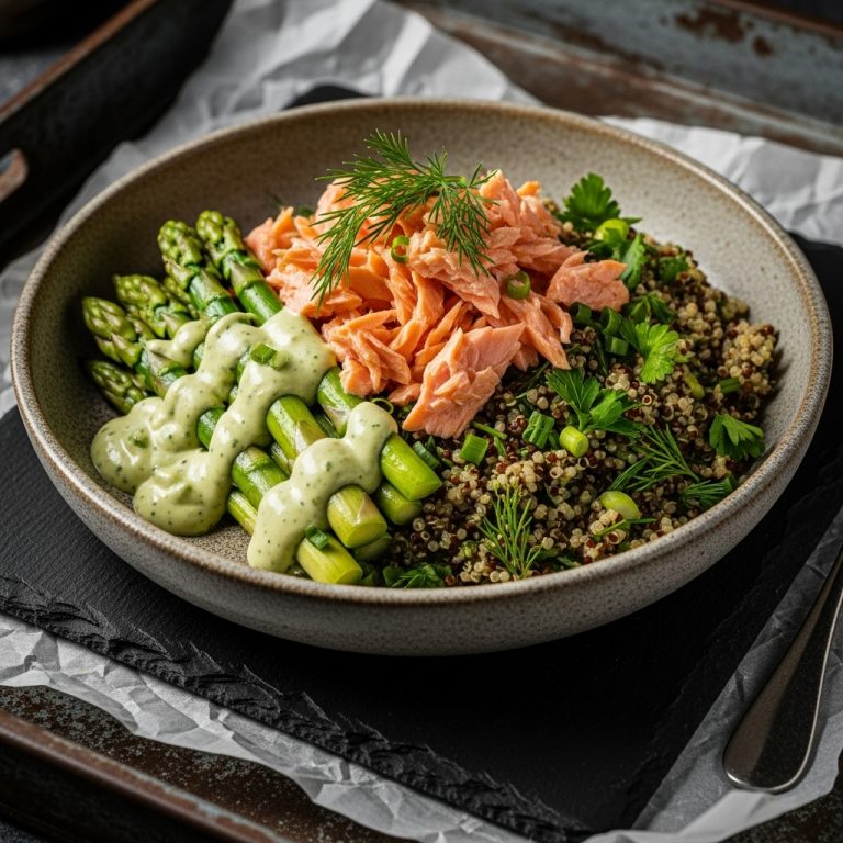 “Scrumptious Nordic Lunch Bowl: Wild Salmon, Creamy Asparagus & Herbed Quinoa”