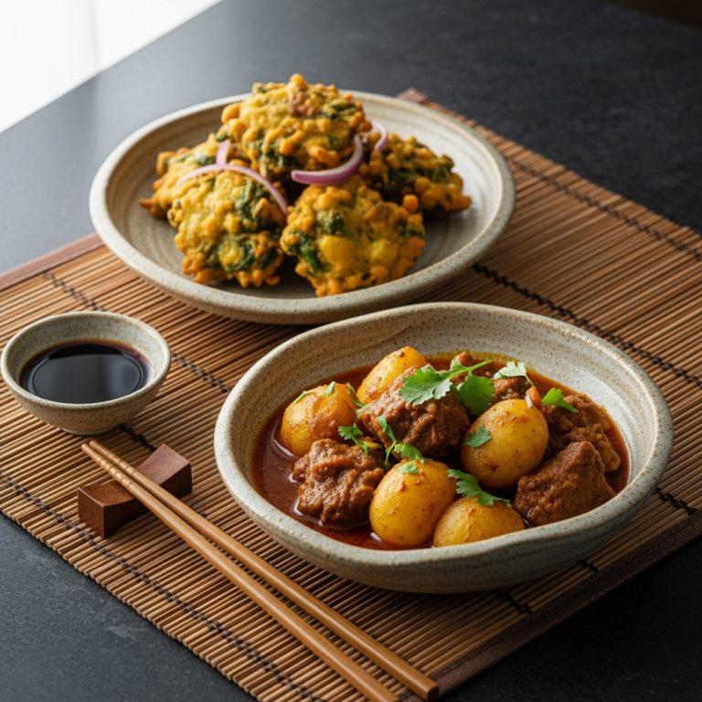 Scrumptious Pakistani Brunch: Paleo Aloo Gosht with Vegetable Bhajiya (Pakistani Fritters)