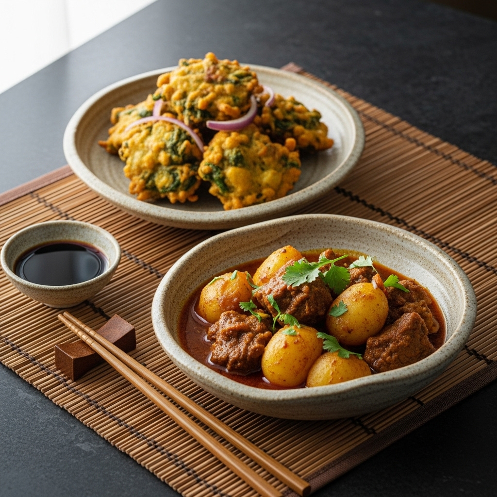 Scrumptious Pakistani Brunch: Paleo Aloo Gosht with Vegetable Bhajiya (Pakistani Fritters)