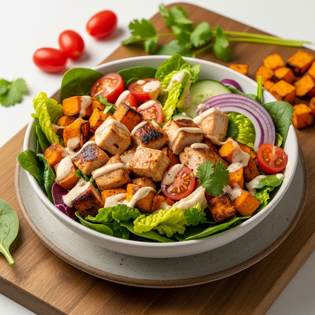 Scrumptious Paleo BBQ Chicken Salad Bowl With Roasted Sweet Potatoes