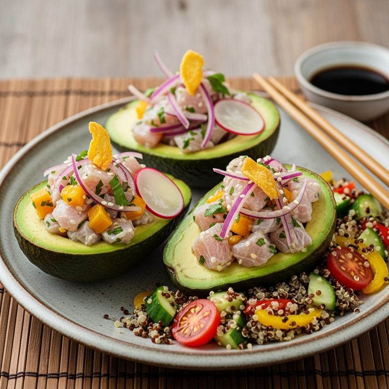 Scrumptious Peruvian Brunch: Ceviche-Stuffed Avocado Boats with Quinoa Salad