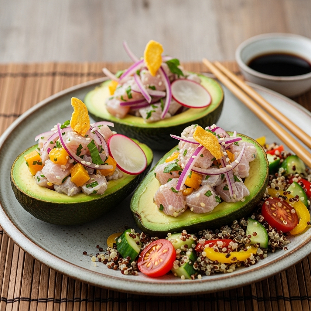 Scrumptious Peruvian Brunch: Ceviche-Stuffed Avocado Boats with Quinoa Salad