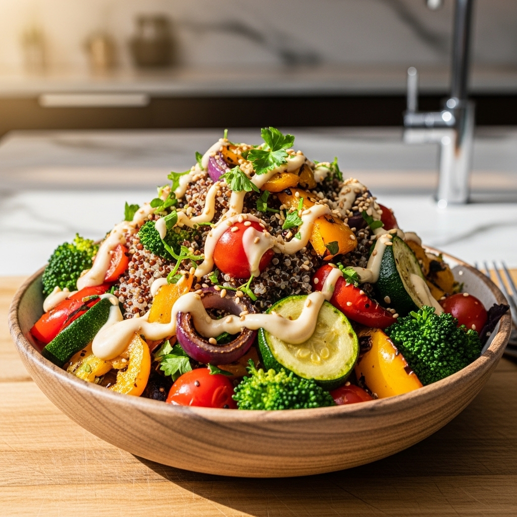 Scrumptious Roasted Vegetable Quinoa Salad With Lemon-Tahini Dressing