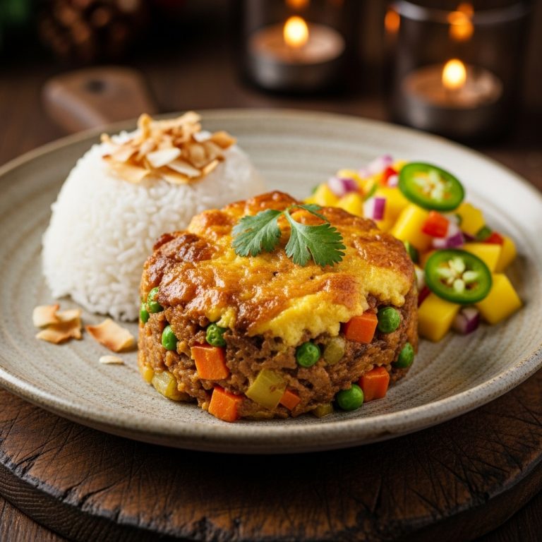 “Scrumptious South African Vegetable Bobotie with Coconut Rice and Aromatic Mango Salsa”