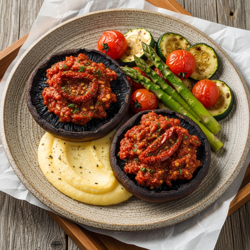 Scrumptious Sun-Dried Tomato Pesto Stuffed Portobello Mushrooms with Creamy Polenta and Seasonal Vegetable Medley