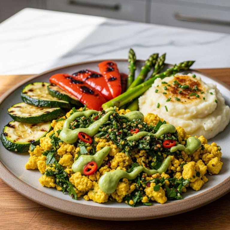 Scrumptious Vegan Argentinian Chimichurri Tofu Scramble with Garlic Mash & Grilled Vegetables