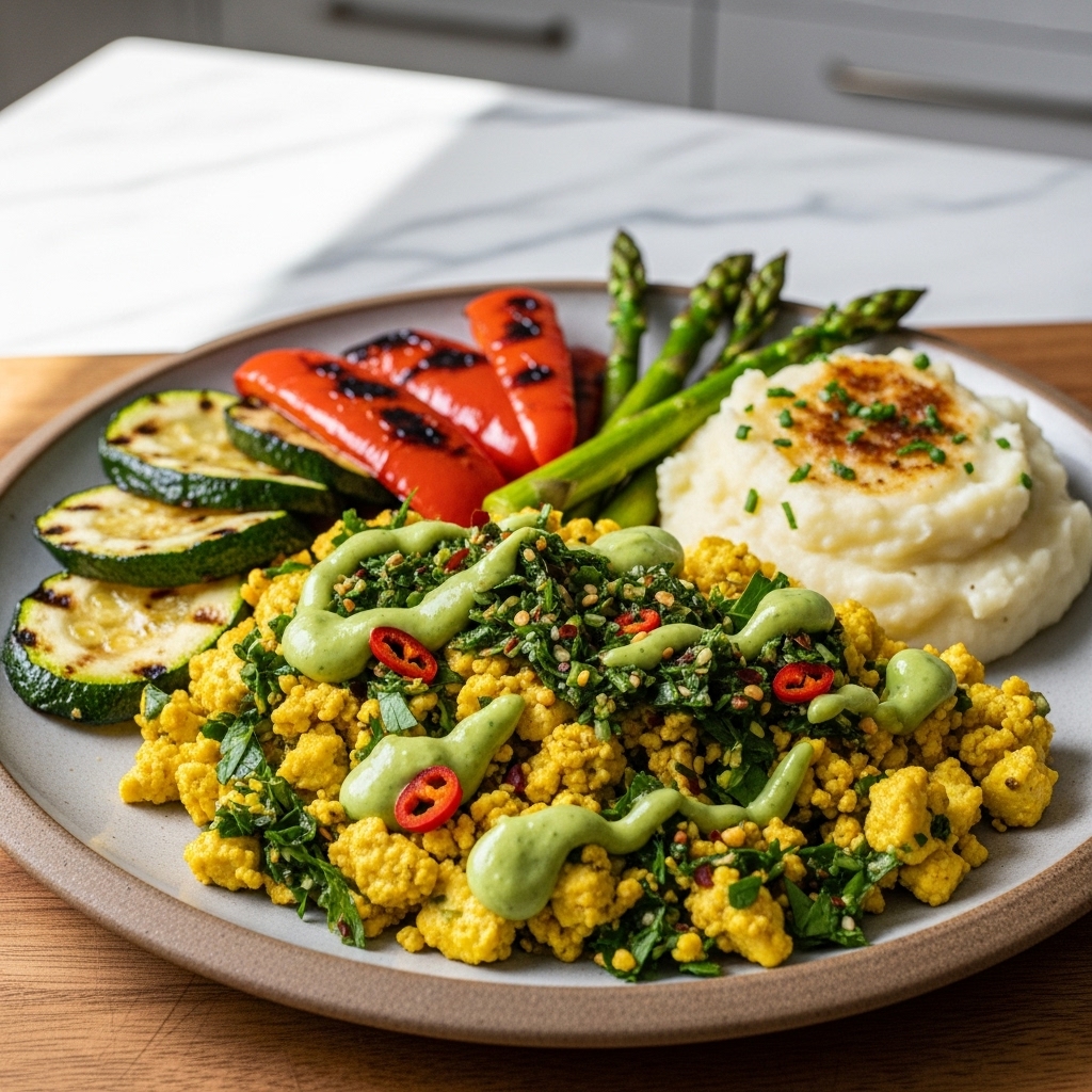 Scrumptious Vegan Argentinian Chimichurri Tofu Scramble with Garlic Mash & Grilled Vegetables