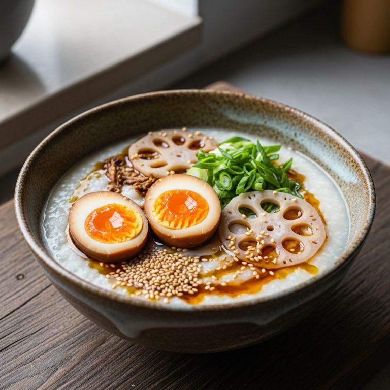 Scrumptious Vegan Chinese Breakfast Congee with Soy-Marinated Eggs & Lotus Root