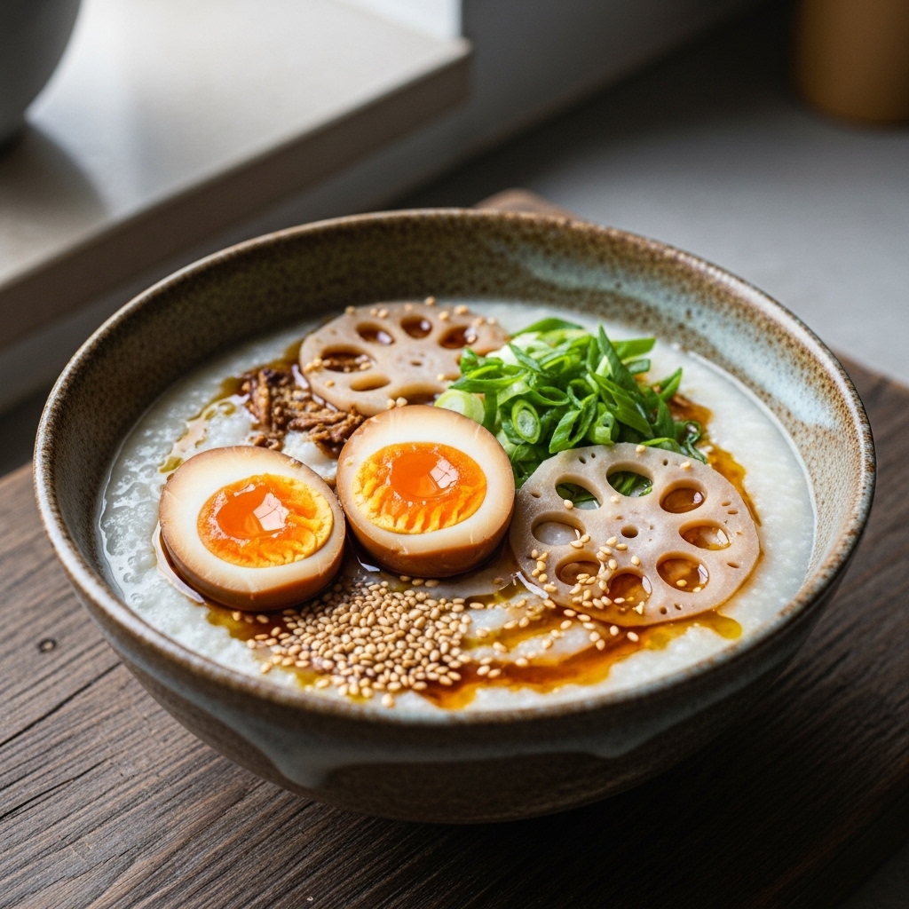 Scrumptious Vegan Chinese Breakfast Congee with Soy-Marinated Eggs & Lotus Root