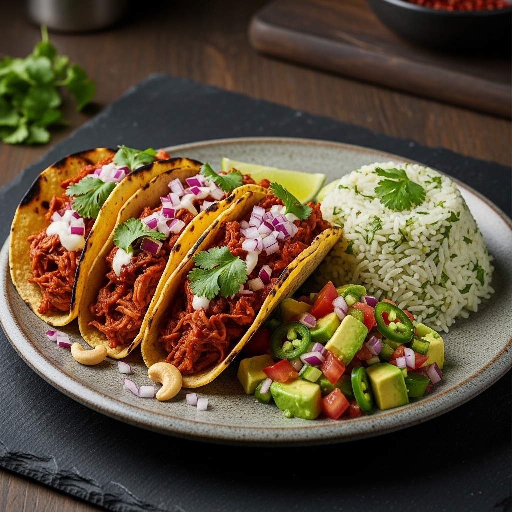 “Scrumptious Vegan Tex-Mex Dinner: Spicy Chipotle Jackfruit Tacos with Cilantro Lime Rice & Avocado Salsa”