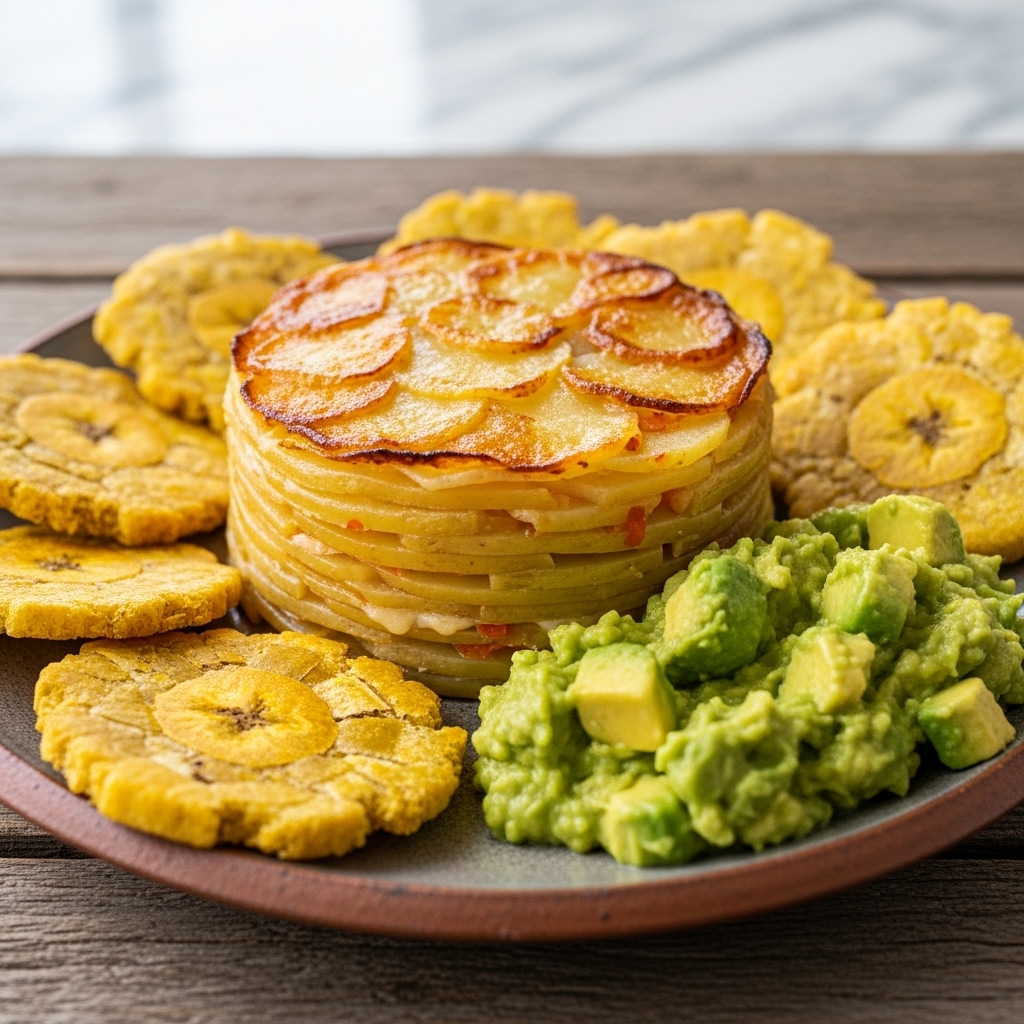 “Scrumptious Venezuelan Brunch: Arotero de Papas con Tostones y Guacamole”