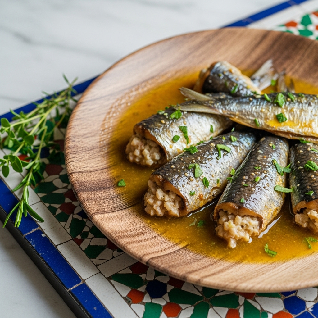 Seafood-Stuffed Whole Roasted Sardine Fillets with Lemon Herb Butter Sauce