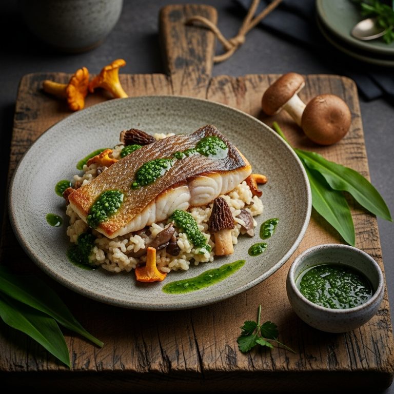 Seared Arctic Char & Mushroom Risotto with Wild Garlic Pesto