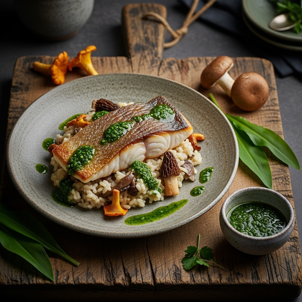 Seared Arctic Char & Mushroom Risotto with Wild Garlic Pesto