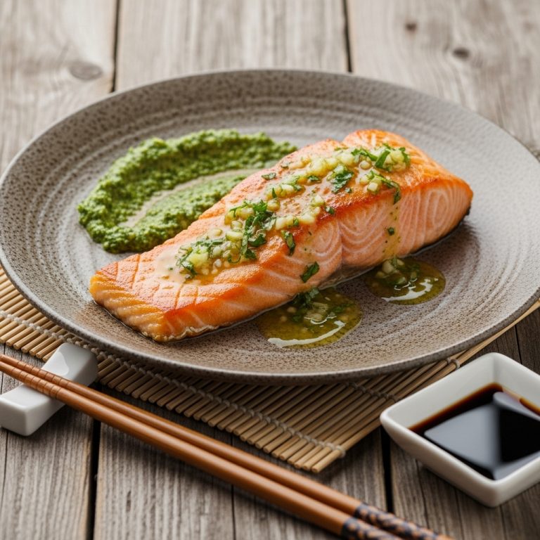 Seared Salmon Steak with Zesty Lime-Garlic Sauce and Cilantro Chimichurri (Keto)