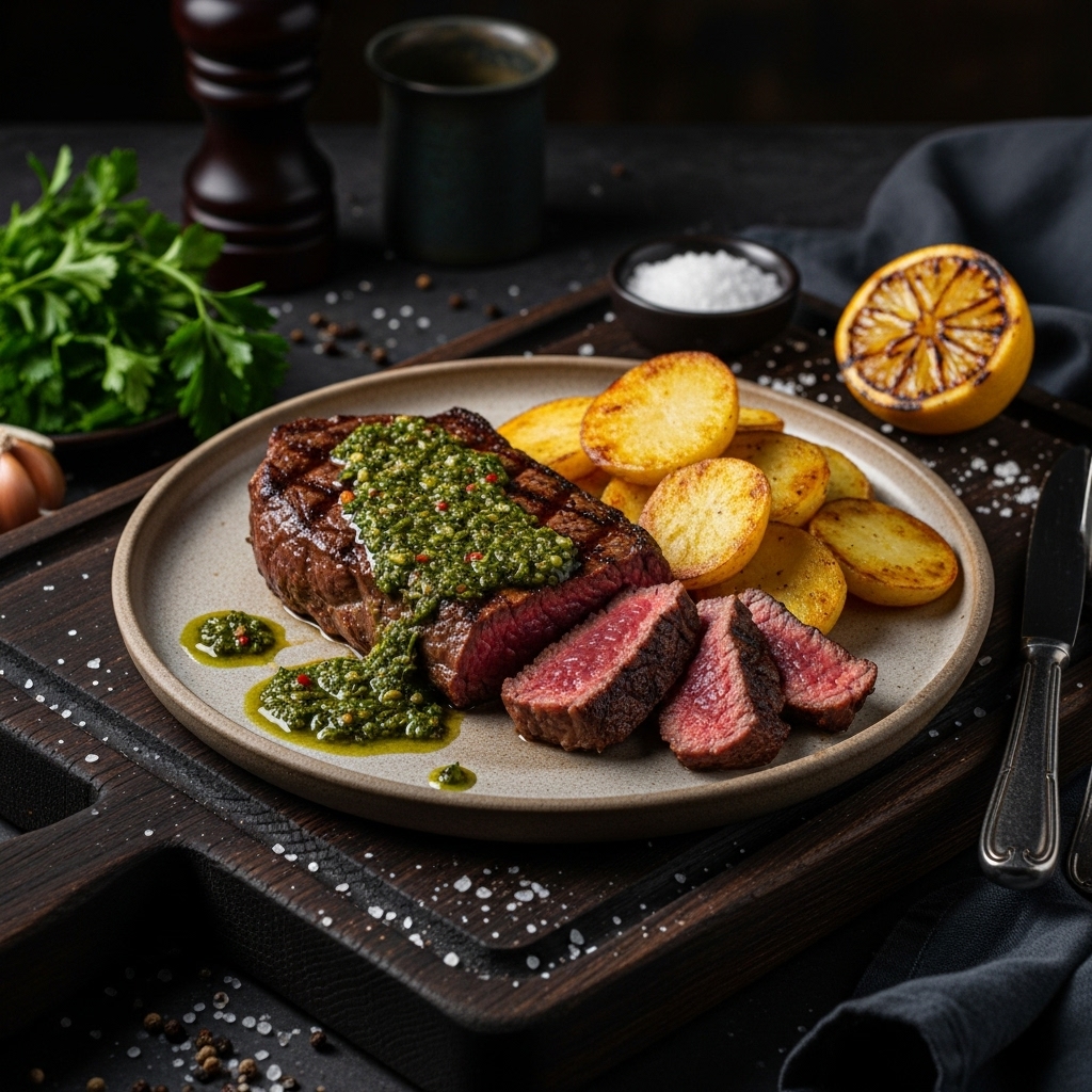 “Sensational Argentinian Steak Dinner: Grilled Sirloin Steak with Chimichurri & Papas al Plancha”