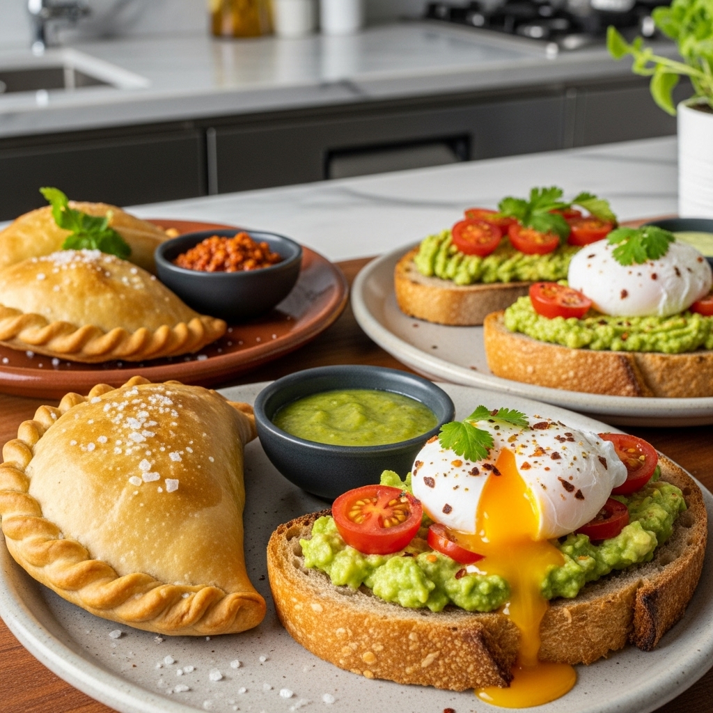 “Sensational Chilean Breakfast: Aromatic Empanadas and Avocado Toast Delight”
