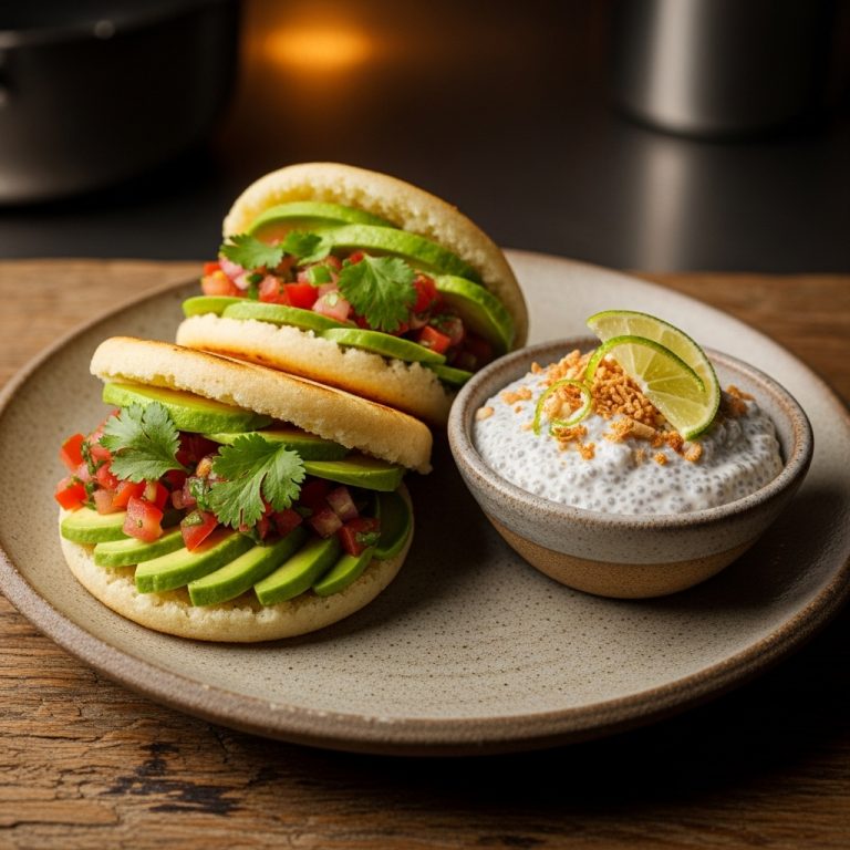 “Sensational Colombian Brunch: Arepa Sliders with Avocado-Tomato Salsa and Coconut-Lime Chia Pudding”
