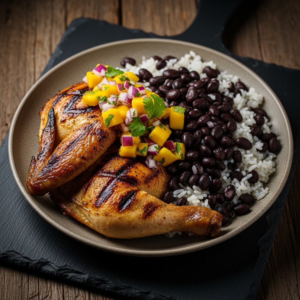 “Sensational Cuban Dinner: Garlic-Lime Grilled Chicken, Black Beans & Rice, and Tropical Mango Salsa”