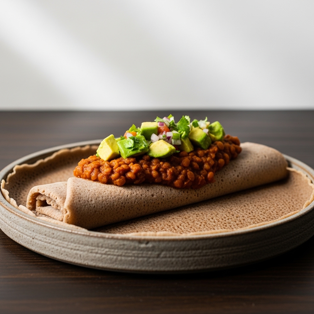 “Sensational Ethiopian Vegan Dinner: Miso-Infused Injera with Lentil Stew & Avocado Salsa”
