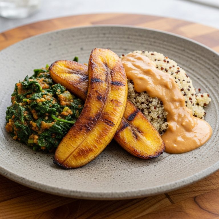 “Sensational Ghanaian Vegetarian Lunch: Grilled Plantain & Spinach Stew with Quinoa and Peanut Sauce”